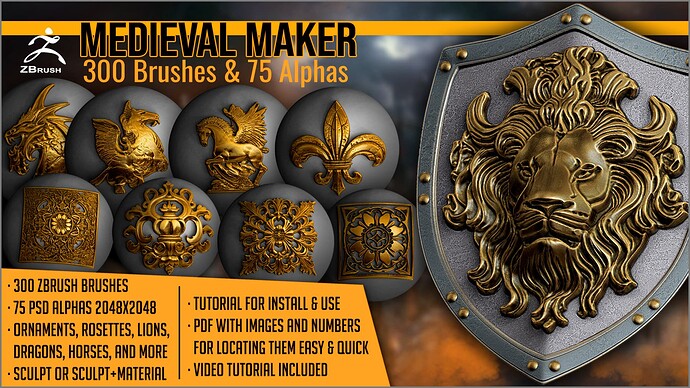 01-cover-medieval-maker-ornaments-rosettes-lions-zbrush-brushes-by-artistic-squad-artstation