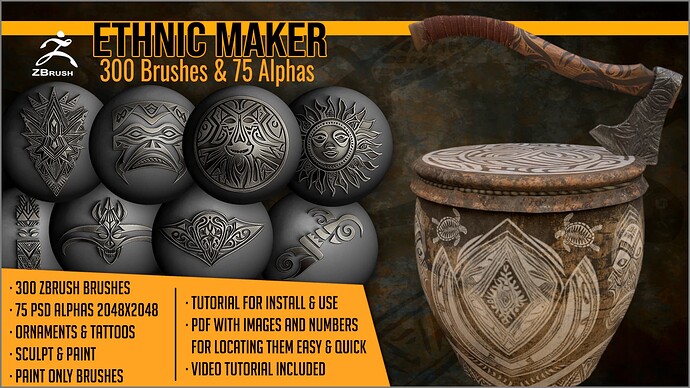 01-cover-ethnic-maker-zbrush-brushes-alphas-tattoos-sculpting-polypainting-painting-textures-by-artistic-squad