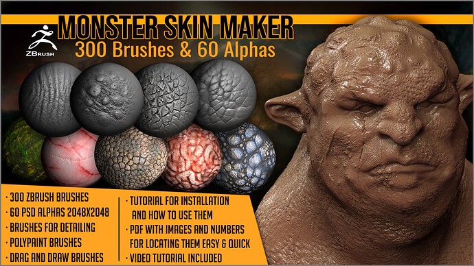 01-cover-monster-skin-maker-300-zbrush-brushes-and-60-alphas-creature-fantasy-by-artistic-squad